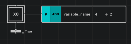 Screenshot showing the ADD instruction configuration in the visual editor, with the action set on a step, qualifier set to P (pulse), and instruction type set to ADD for a numeric variable