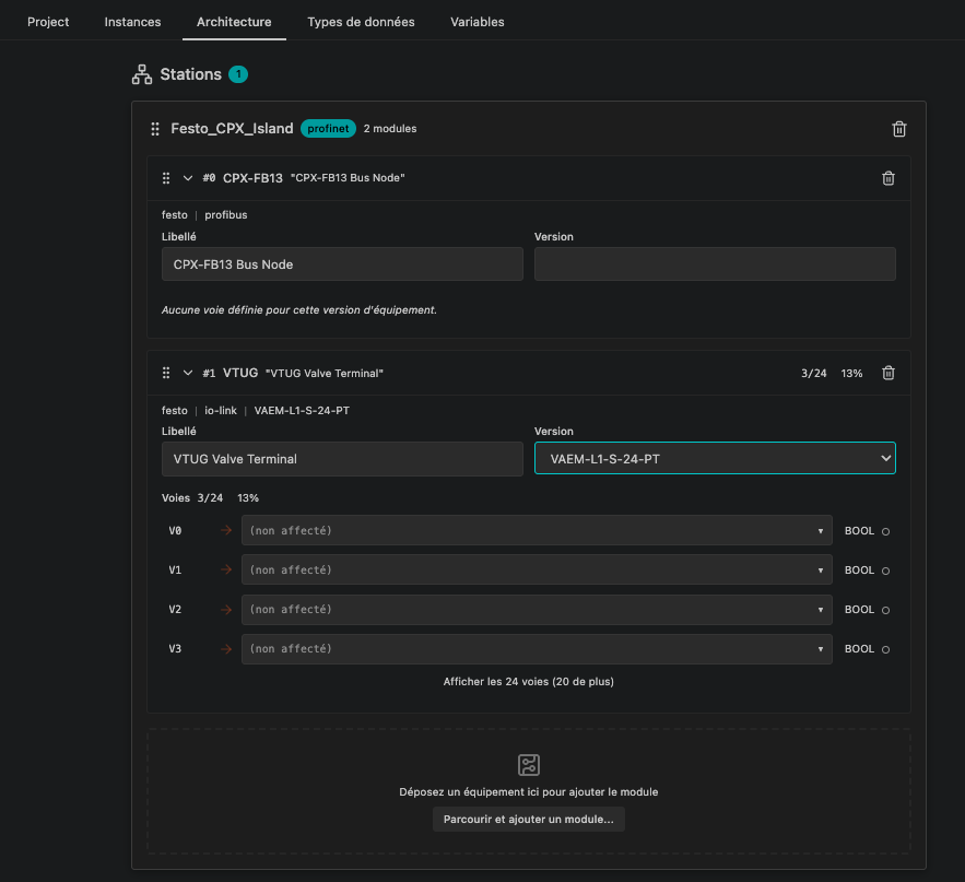 Catalogue d'équipements montrant les modules API et E/S